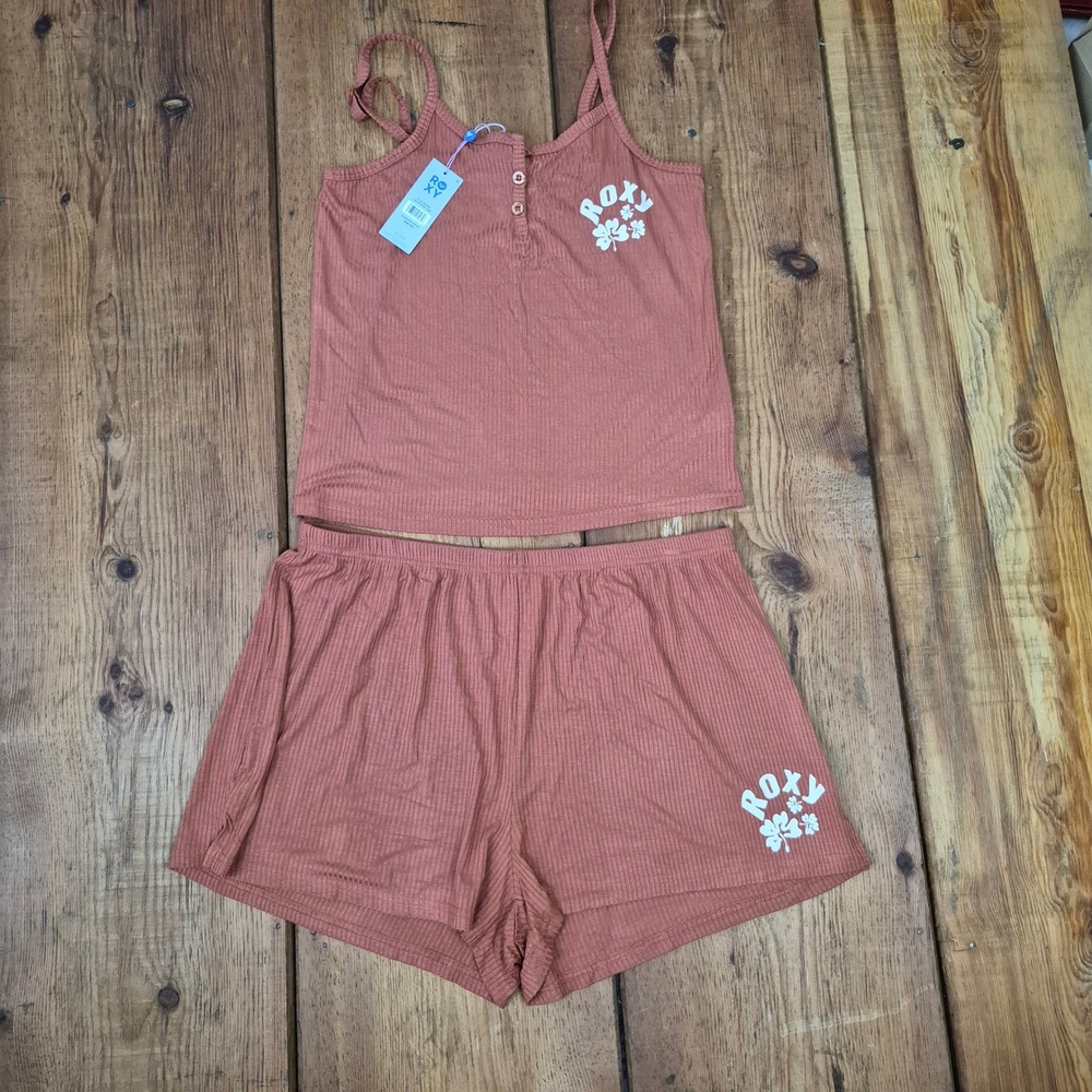 NWT Roxy Womens Ribbed Pajama Set Burnt Sand Camisole Shorts Large